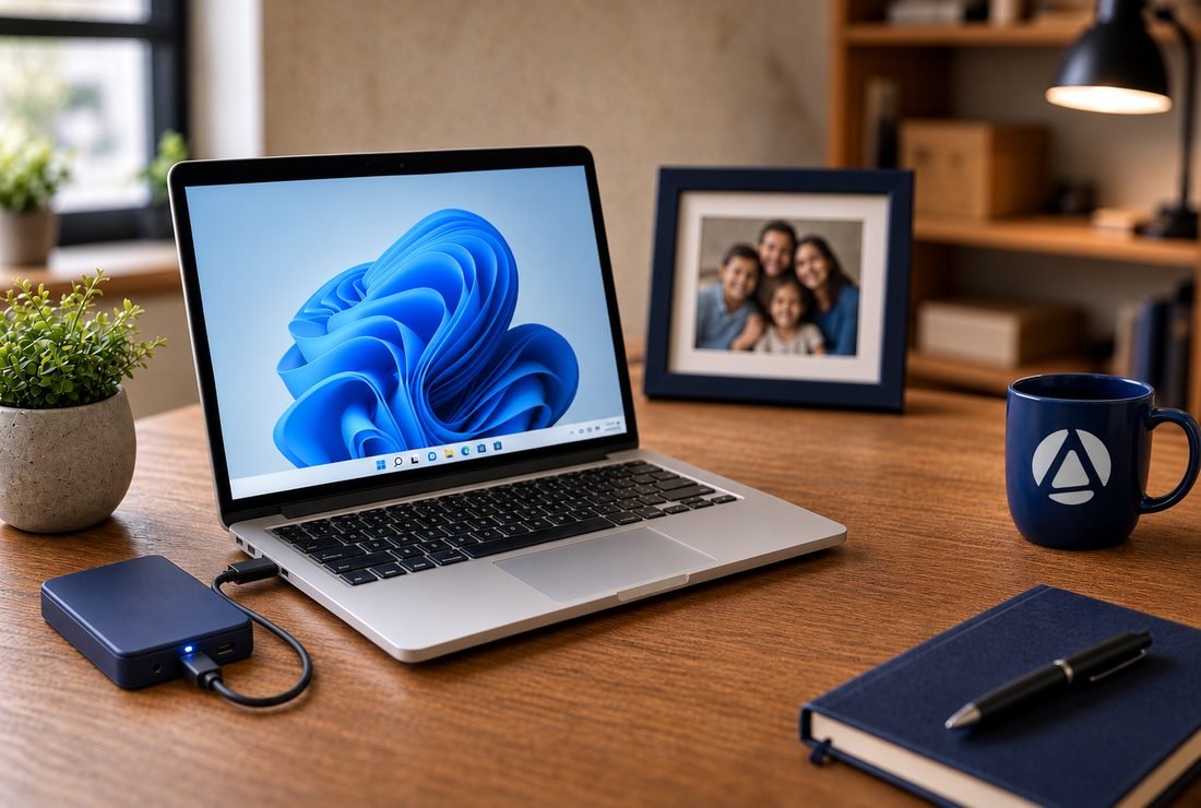 Laptop with an external backup drive connected