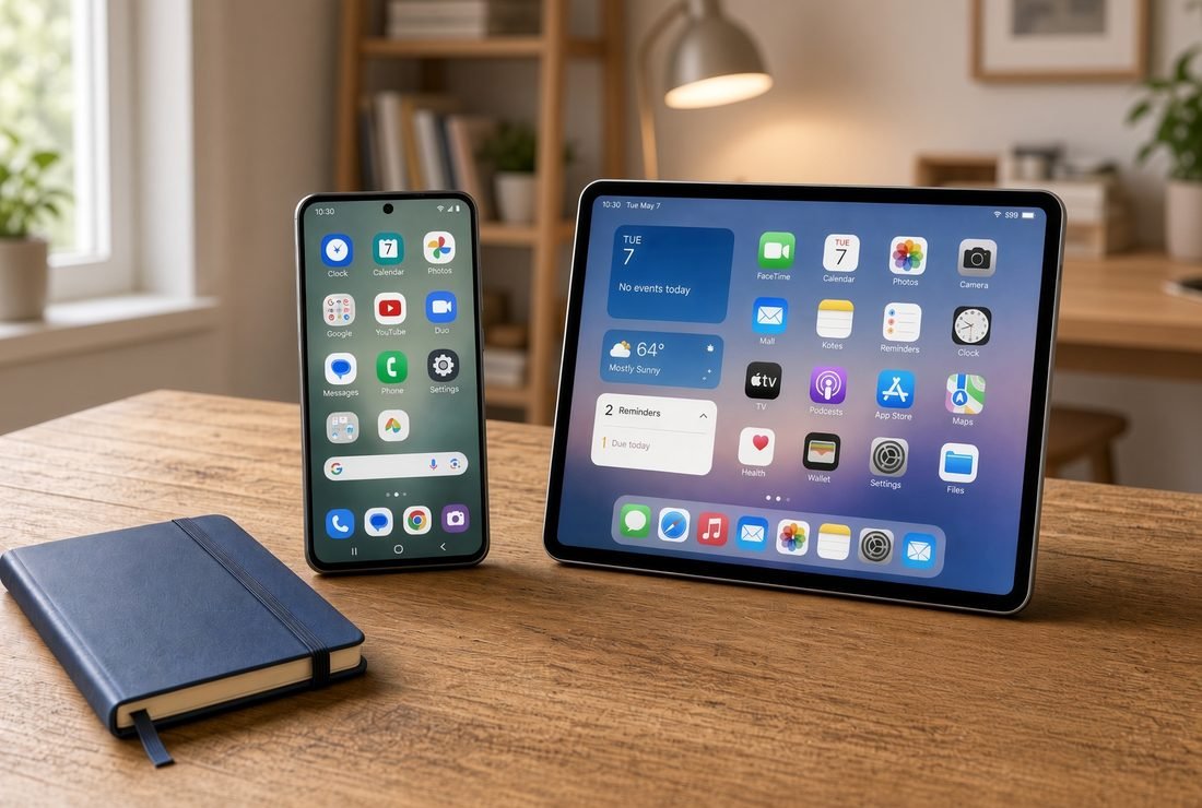 Android phone and iPad set up on a desk